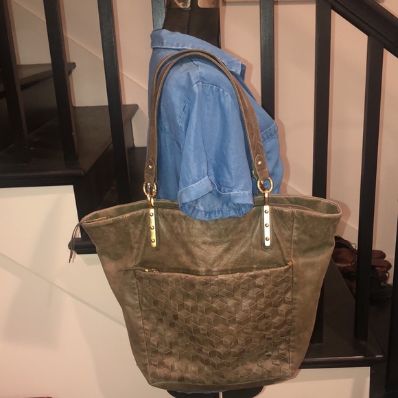 Elliott Lucca Handbags - Olive Green Leather Handbag - Woven Leather, Gold Hardware - Elliott Lucca